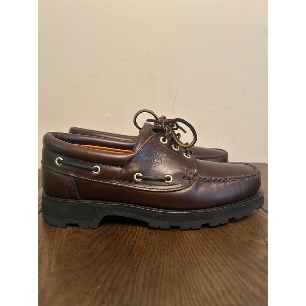 Timberland Heritage Brown Leather 3 Eye Lug Handsewn Boat Shoes Size 8.5M